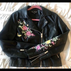 Embroidered Faux Leather Moto Jacket